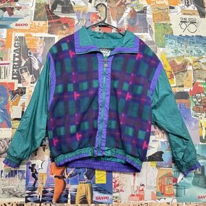Active Stuff Fleece Lined Track Jacket Plaid Teal Nylon Windbreaker‎ Size L